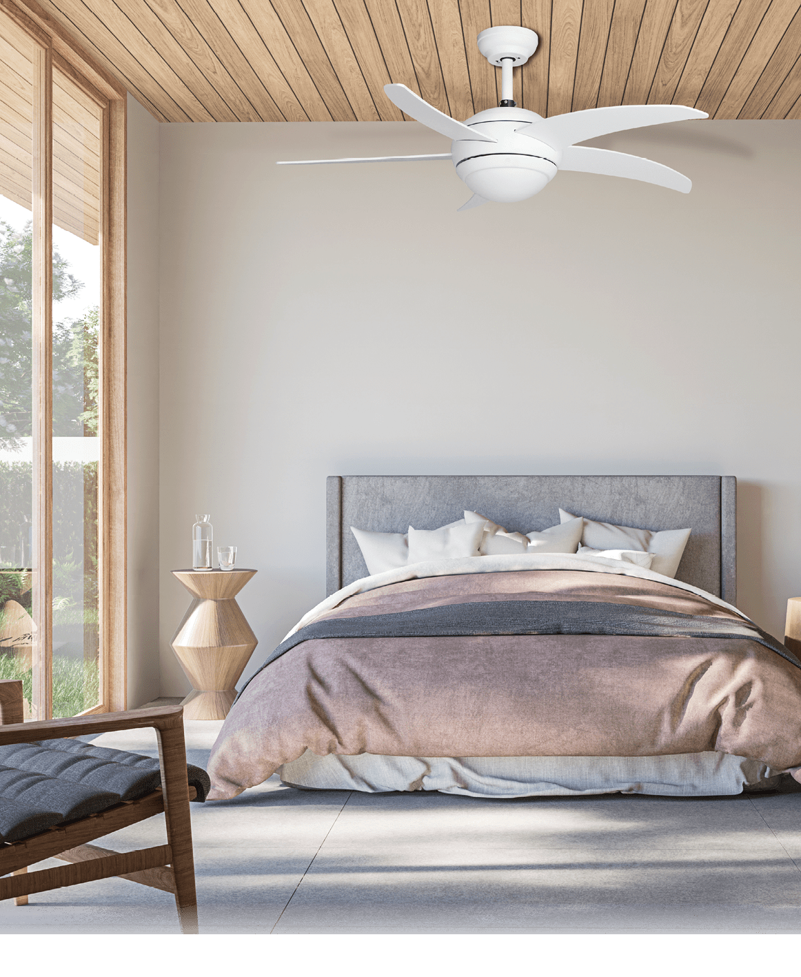 Modern contemporary loft bedroom with open door to garden 3d render The Rooms have concrete tile floors ,wooden plank ceiling,decorate with light gray fabric furniture