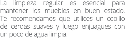 La limpieza regular es esencial para mantener los muebles en buen estado  Te recomendamos que utilices un cepillo de    