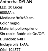 Antorcha DYLAN LED  30 Luces  600MAh  Medidas: 9x9x59 cm  Color negro  Material: polipropileno  Sin cable  Botón de O   