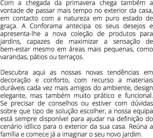 Com a chegada da primavera chega também a vontade de passar mais tempo no exterior da casa, em contacto com a naturez   