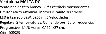 Ventoinha malta DC Ventoinha de teto branca  3 Pás retráteis transparentes  Difusor efeito estrelitas  Motor DC muito   
