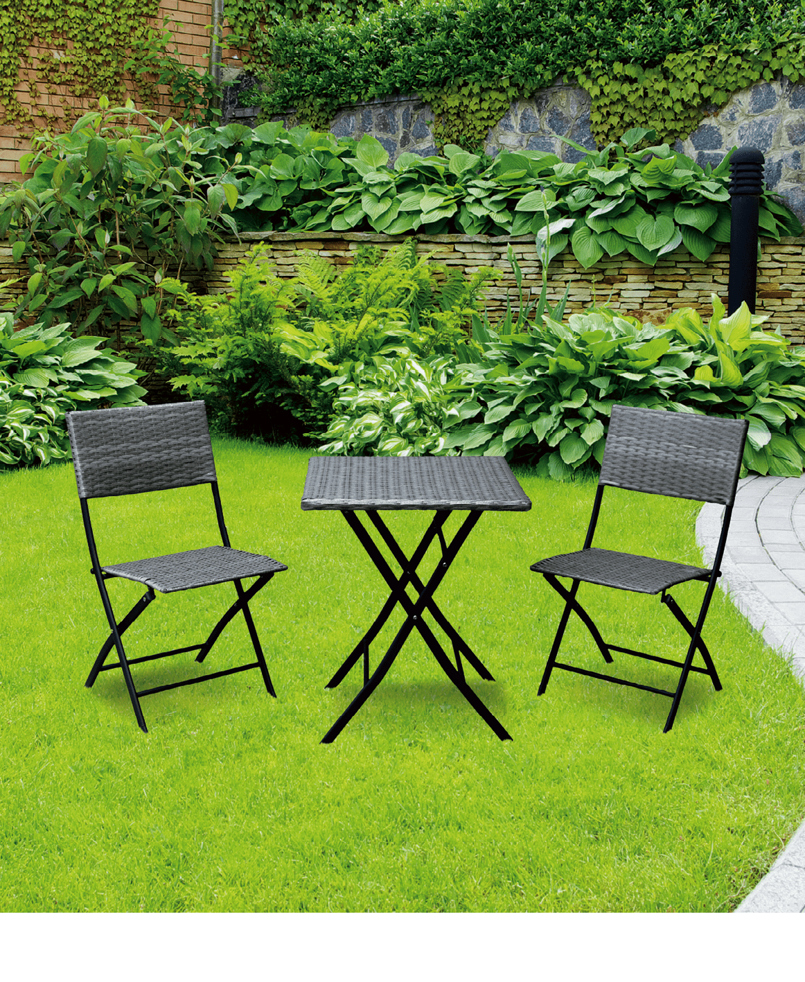 Garden stone path with grass growing up between the stones Detail of a botanical garden 