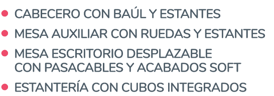   Cabecero con baúl y estantes   Mesa auxiliar con ruedas y estantes   Mesa escritorio desplazable  con pasacables y    
