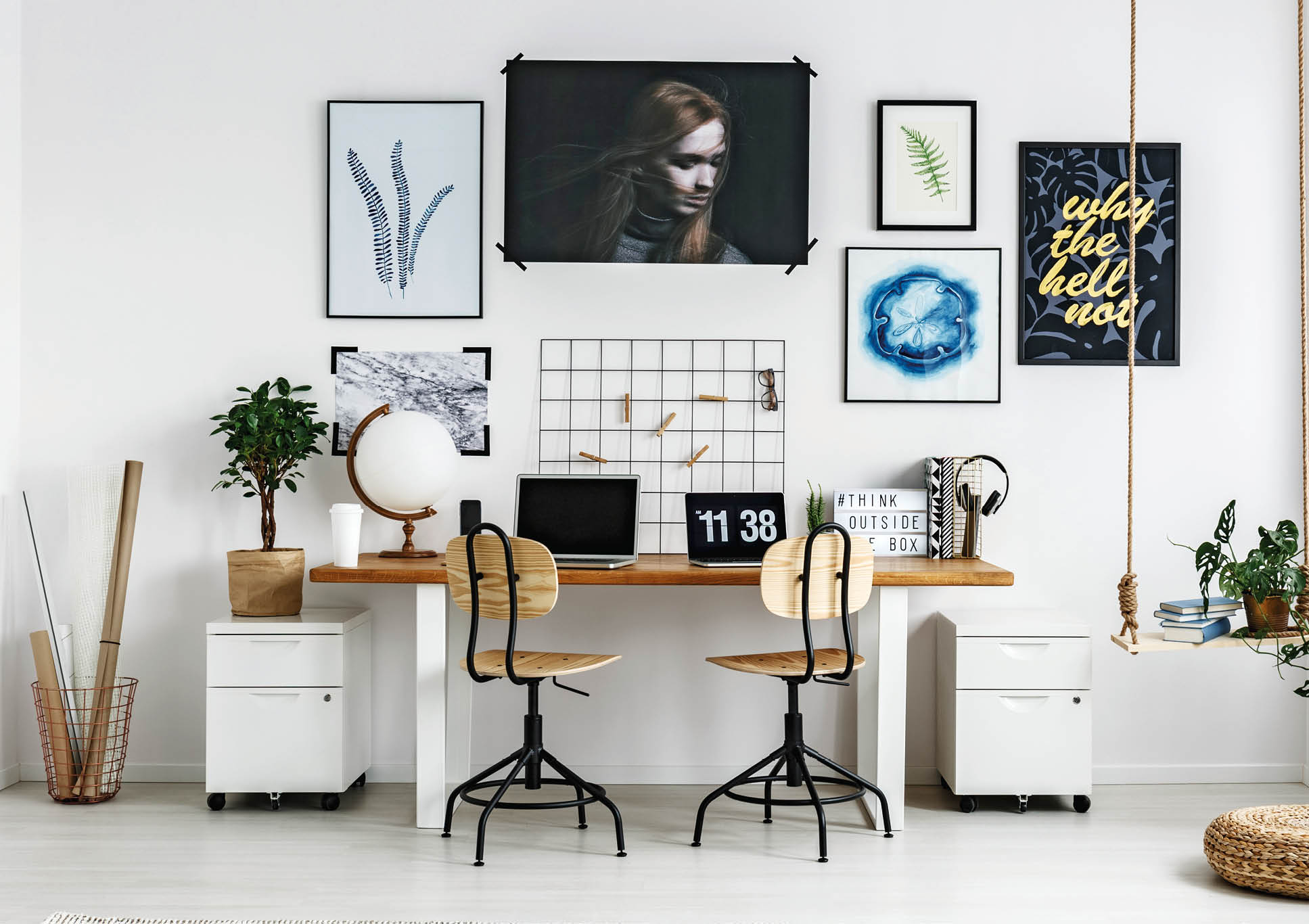 Spacious,white home workplace for creative hispter 