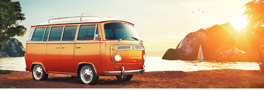 Cute retro car on a summer beach at beautiful sunset. Out of town. Unusual 3D illustration. Travel and vacation concept. Summer time illustration