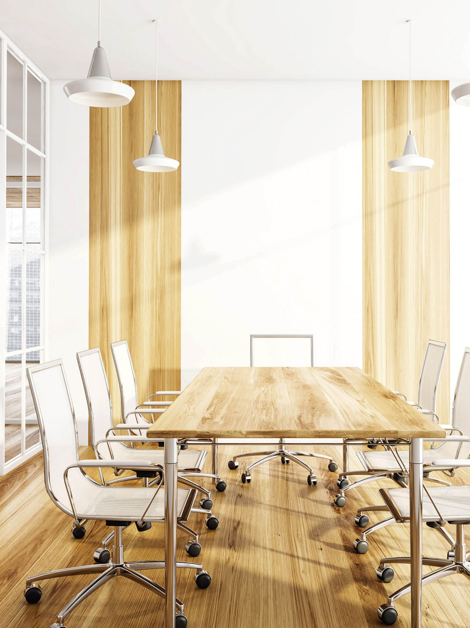 Wooden conference room with white armchairs and table. Office minimalist furniture, near window in business office, 3D rendering no people