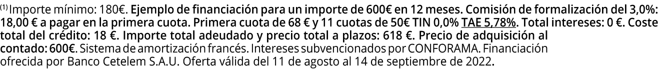 (1) Importe mínimo: 180   Ejemplo de financiación para un importe de 600  en 12 meses  Comisión de formalización del    