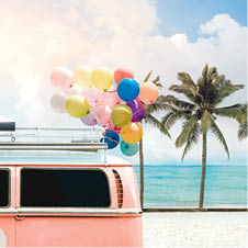 Vintage card of van with colorful balloon on beach blue sky concept of love in summer and wedding honeymoon
