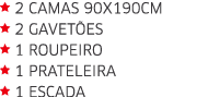  2 Camas 90x190cm  2 Gavetões  1 Roupeiro  1 Prateleira  1 Escada