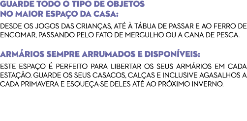 Guarde todo o tipo de objetos No maior espaço da casa: Desde os jogos das crianças, até à tábua de passar e ao ferro    