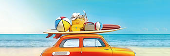 Small retro car with baggage and luggage on the roof, fully packed, ready for summer vacation, concept of a road trip with family and friends, dream destination, vivid colors, 3d rendering