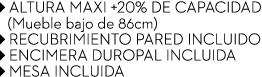  ALTURA MAXI +20% DE CAPACIDAD (Mueble bajo de 86cm)  RECUBRIMIENTO PARED INCLUIDO  ENCIMERA DUROPAL INCLUIDA  MESA ...