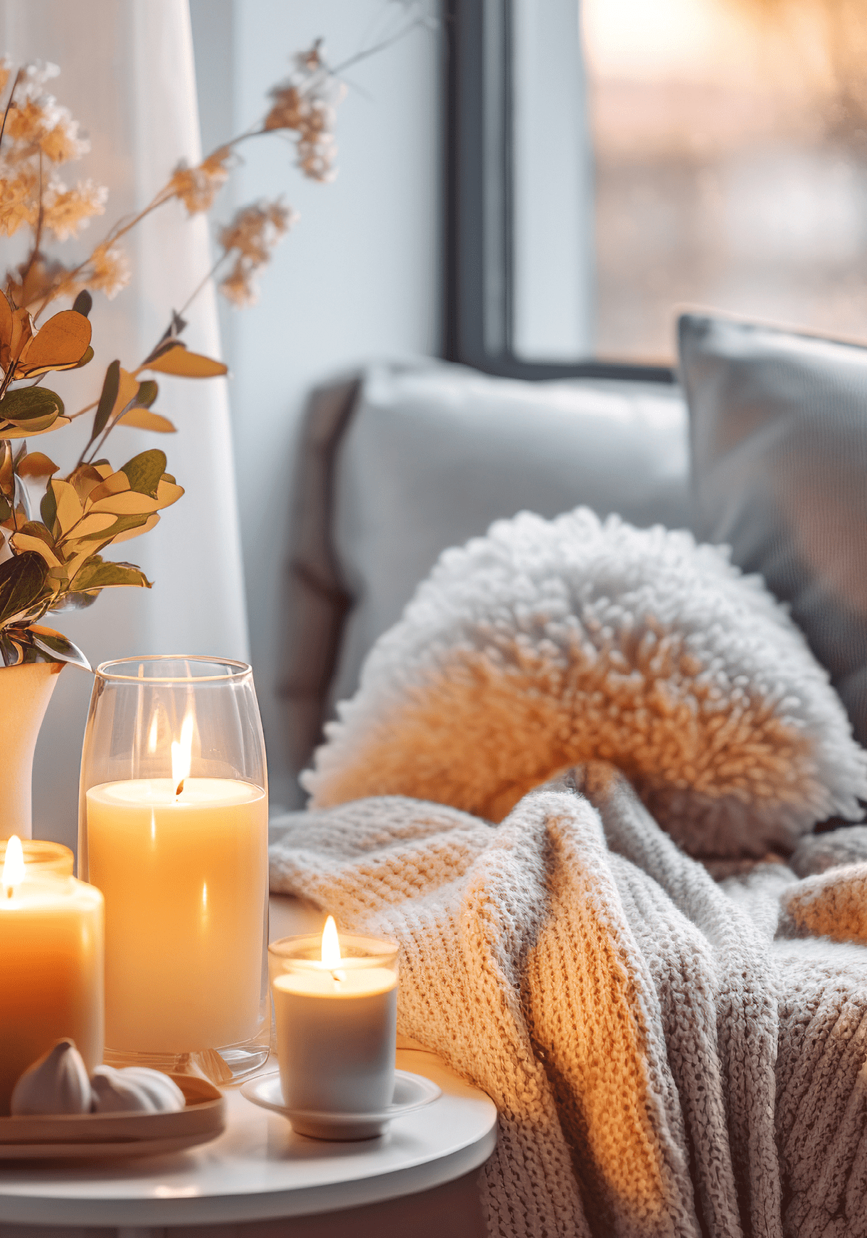 Stylish and cozy reading nook. Knitted blanket on grey sofa near side table with candles against window. Hygge, scandinavian interior design of modern living room. Created with generative AI technology.