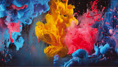 Acrylic blue and red colors in water. Ink blot. Abstract black background. Horizontal long banner.