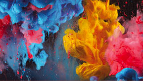 Acrylic blue and red colors in water. Ink blot. Abstract black background. Horizontal long banner.