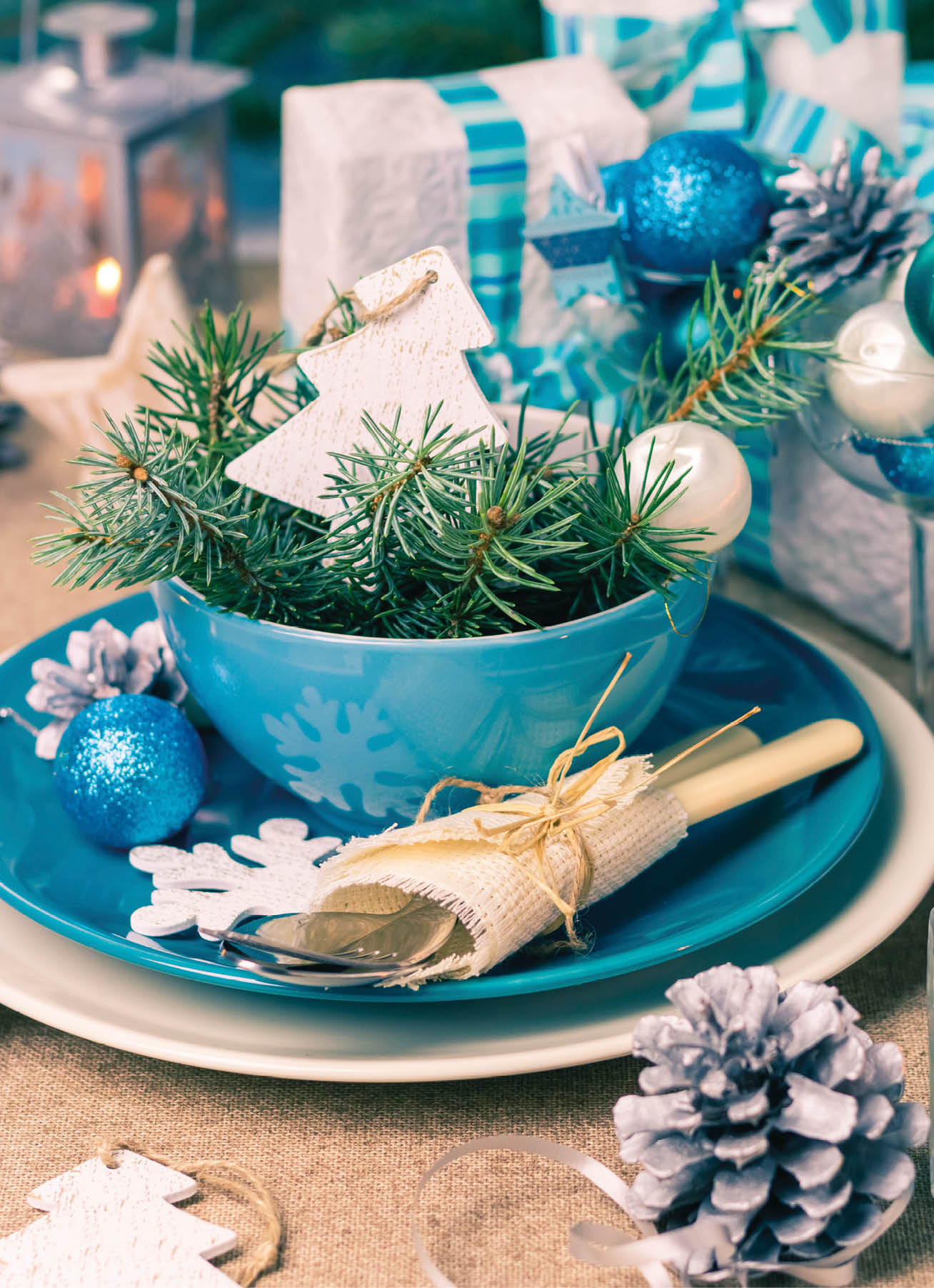 Festive table. Christmas decorations and Christmas Eve dishes