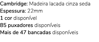Cambridge: Madeira lacada cinza seda Espessura: 22mm 1 cor dispon vel 85 puxadores dispon veis Mais de 47 bancadas di...