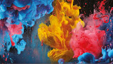 Acrylic blue and red colors in water. Ink blot. Abstract black background. Horizontal long banner.