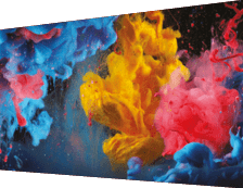 Acrylic blue and red colors in water. Ink blot. Abstract black background. Horizontal long banner.