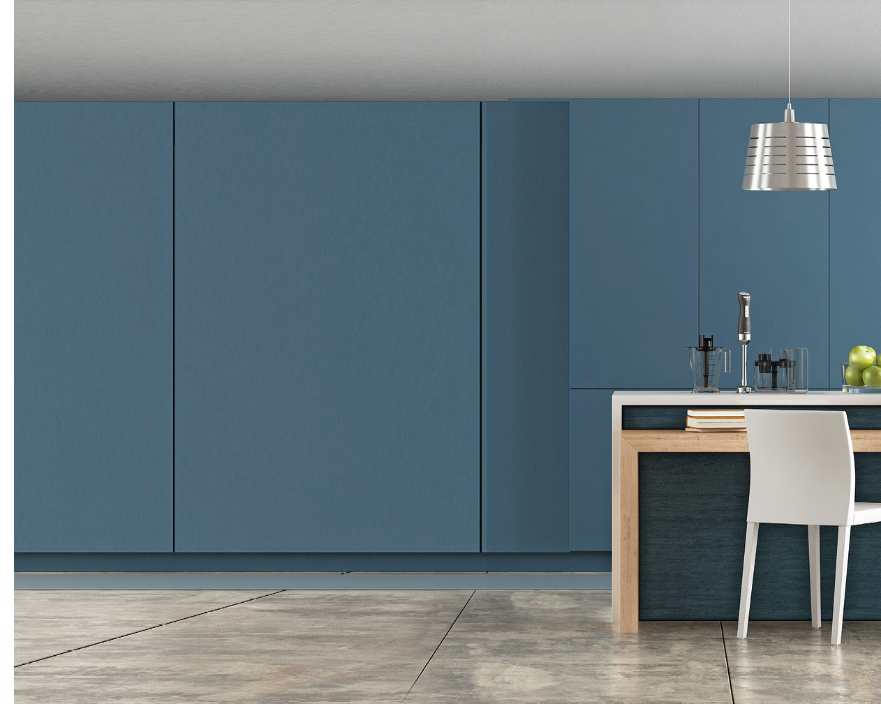 White and blue contemporary kitchen with arched ceiling and cement floor - 3d rendering