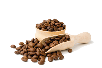 Coffee beans in a wooden bowl and shovel on a white background isolated