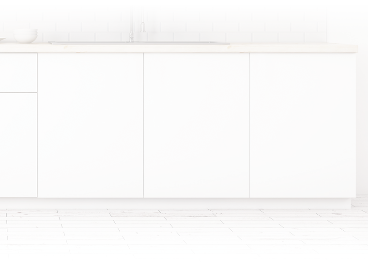 Front view of modern white kitchen interior with wooden floor, furniture and equipment. 3D Rendering 