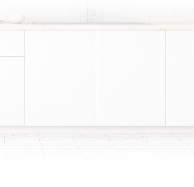 Front view of modern white kitchen interior with wooden floor, furniture and equipment. 3D Rendering 