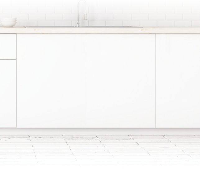 Front view of modern white kitchen interior with wooden floor, furniture and equipment. 3D Rendering 