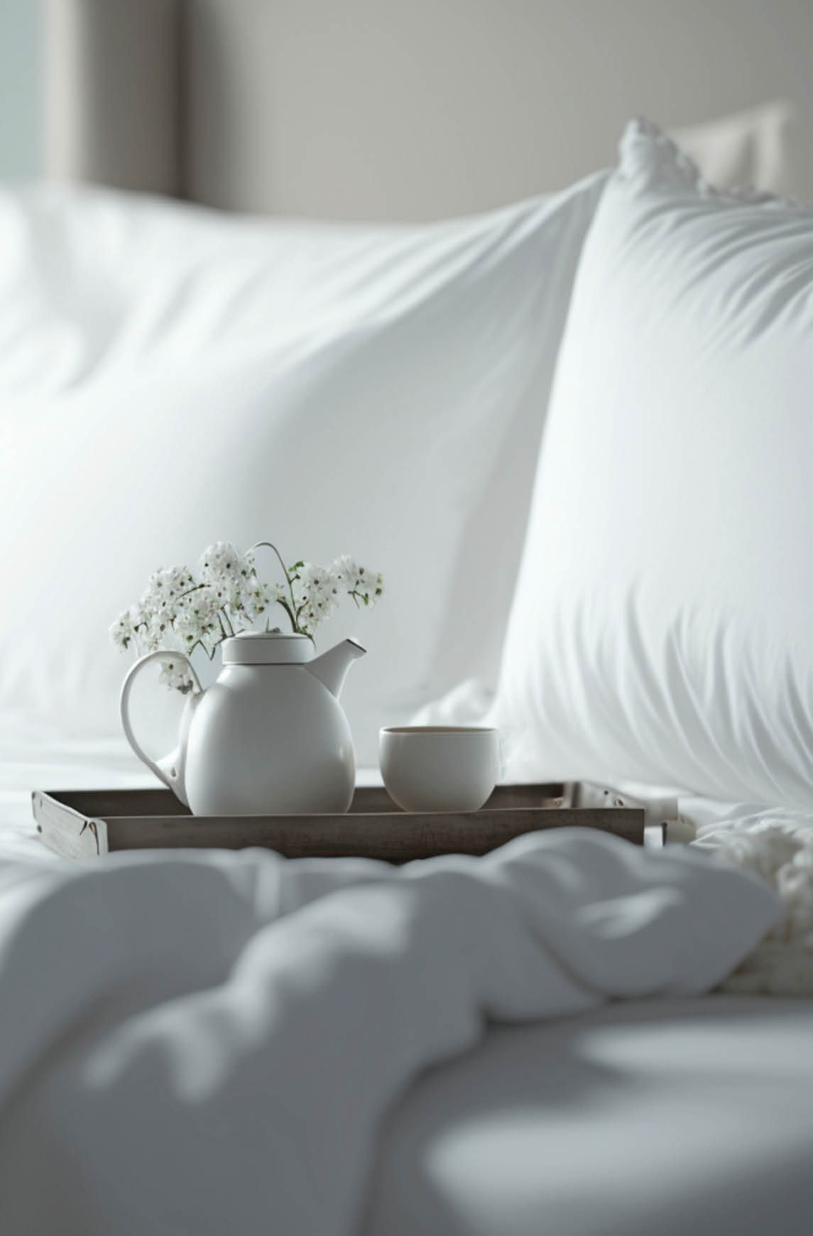 White bedding sheets and pillow background, Messy bed concept created with generative Ai technology.