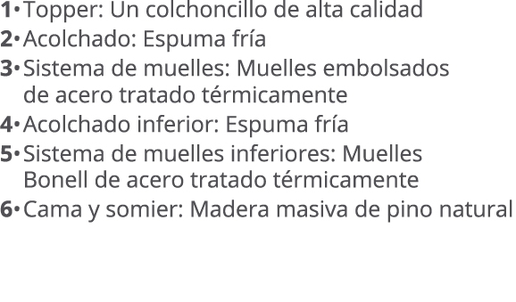 1• Topper: Un colchoncillo de alta calidad 2• Acolchado: Espuma fr a 3• Sistema de muelles: Muelles embolsados de ace...