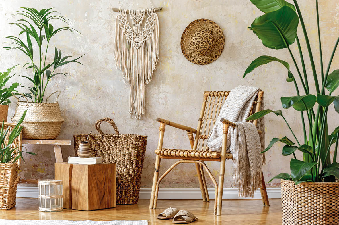 Stylish and floral composition of living room interior with rattan armchair, a lot of tropical plants in design pots, decoration, macrame and elegant personal accessories in cozy home decor.