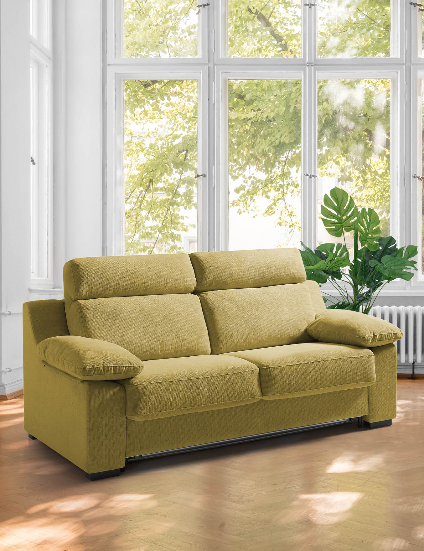 empty room in old apartment building with parquet floor and big wooden windows -