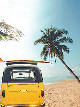 Rear of vintage car parked on the tropical beach (seaside) with a surfboard on the roof - Leisure trip in the summer. retro color effect