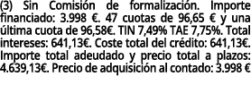 (3) Sin Comisi n de formalizaci n. Importe financiado: 3.998 €. 47 cuotas de 96,65 € y una ltima cuota de 96,58€. TI...