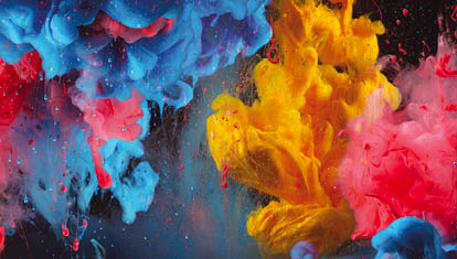 Acrylic blue and red colors in water. Ink blot. Abstract black background. Horizontal long banner.