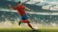 Professional soccer player with a ball in action. Soccer stadium with tribunes and fans cheering. Sports event