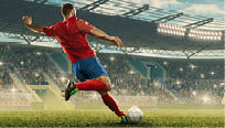 Professional soccer player with a ball in action. Soccer stadium with tribunes and fans cheering. Sports event