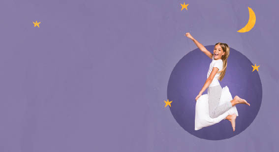 Vertical composite photo artwork collage of young little careless schoolgirl flight fist up moon pillow pajama party isolated on purple background.