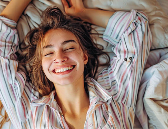 young happy woman in pajama stretching her arms and smiling while sitting on bed after sleep or nap