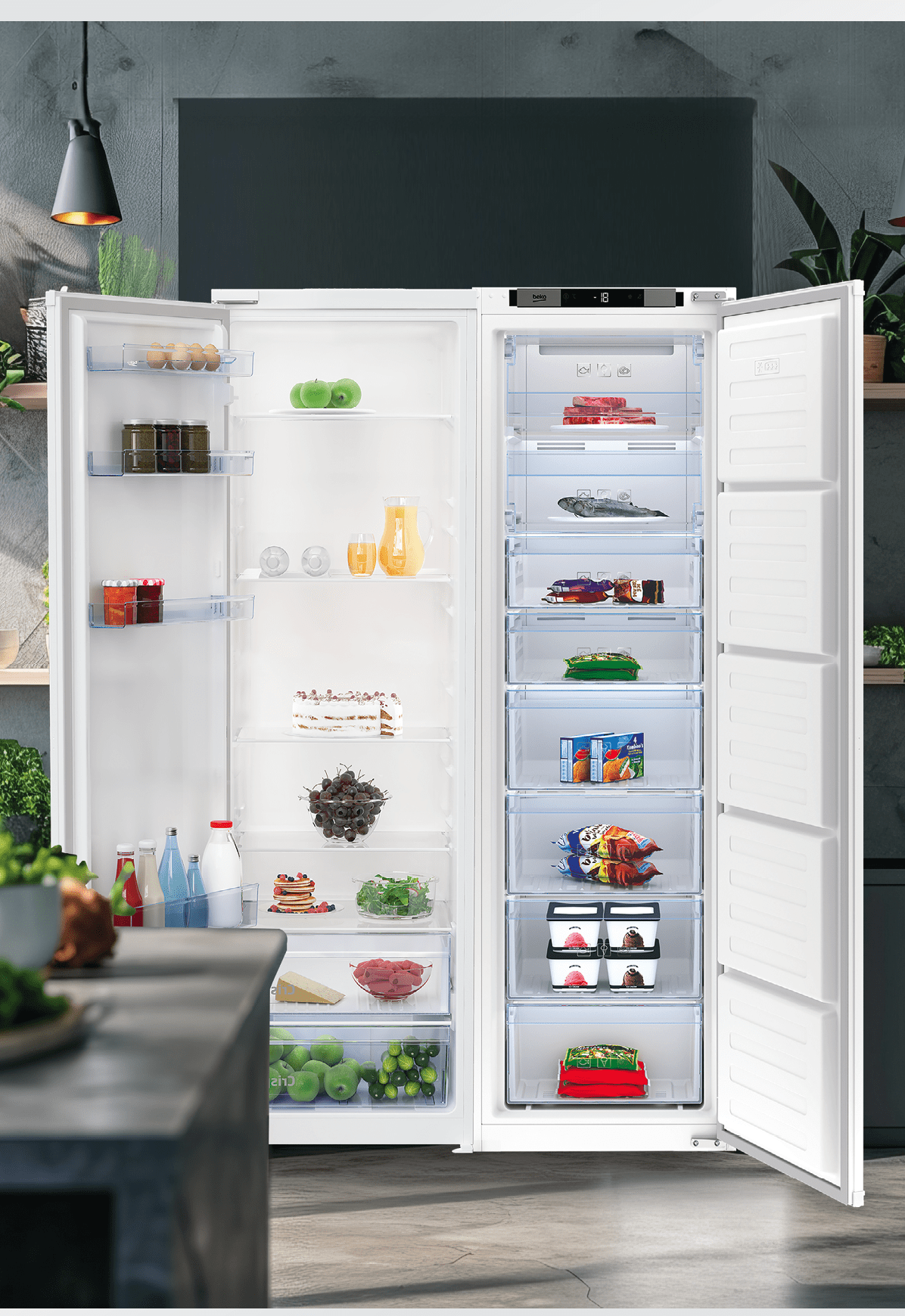 Photorealistic image showcasing an opened kitchen fridge. 