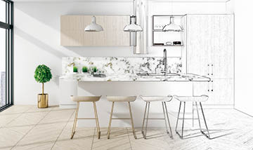 Drawing loft kitchen interior with furniture and sunlight. Design and style concept. 3d rendering