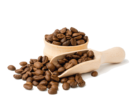 Coffee beans in a wooden bowl and shovel on a white background isolated