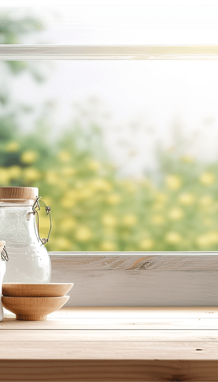 The kitchen summer window background is blurred, serving as the backdrop for a bleached wooden table top.