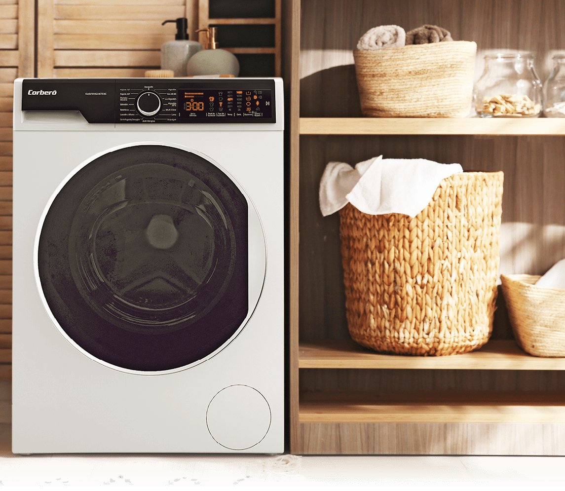 Modern washing machine and shelving unit in laundry room interior