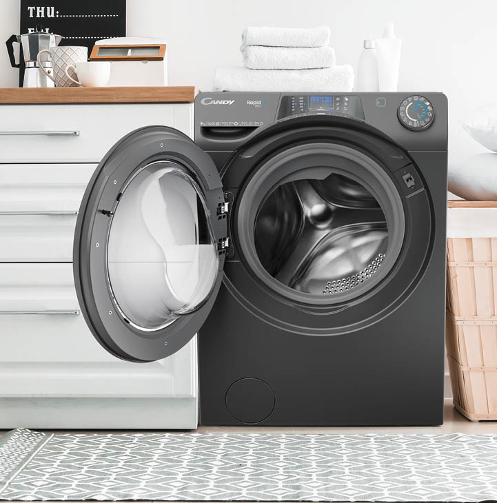 Interior of kitchen with modern washing machine