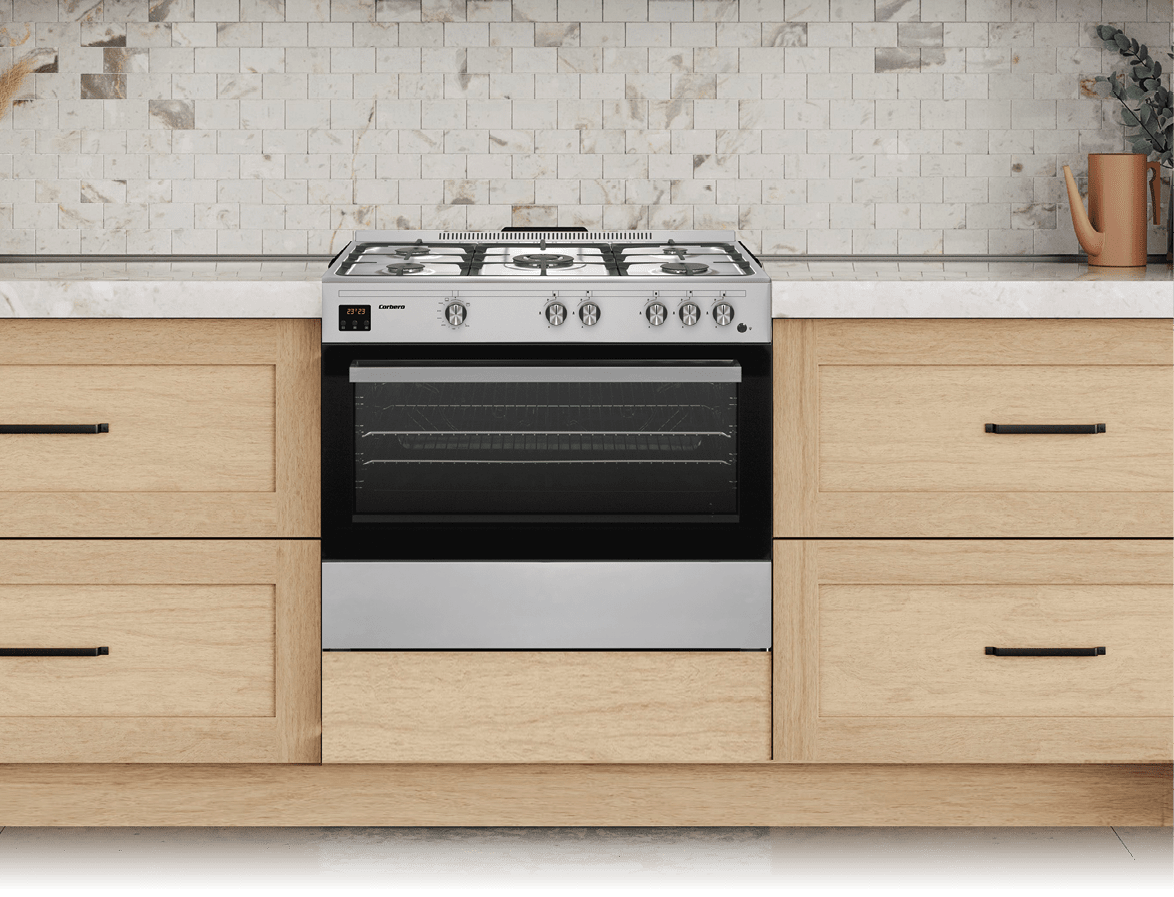 Microwave oven and gas sove in wooden kitchen