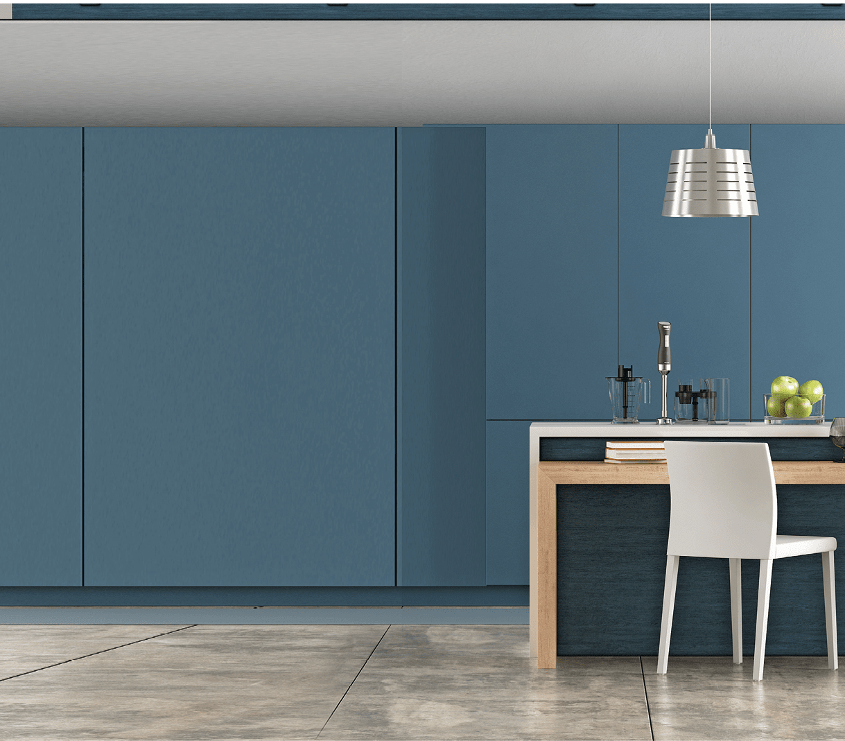 White and blue contemporary kitchen with arched ceiling and cement floor - 3d rendering