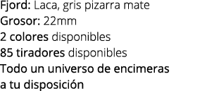Fjord: Laca, gris pizarra mate Grosor: 22mm 2 colores disponibles 85 tiradores disponibles Todo un universo de encime...