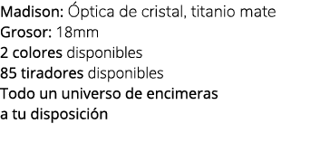 Madison: ptica de cristal, titanio mate Grosor: 18mm 2 colores disponibles 85 tiradores disponibles Todo un universo...