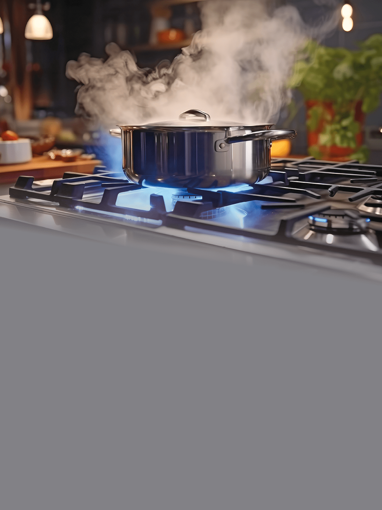 Water Boiling Stainless pot on a gas stove in a modern kitchen, Steaming and boiling pan of water .